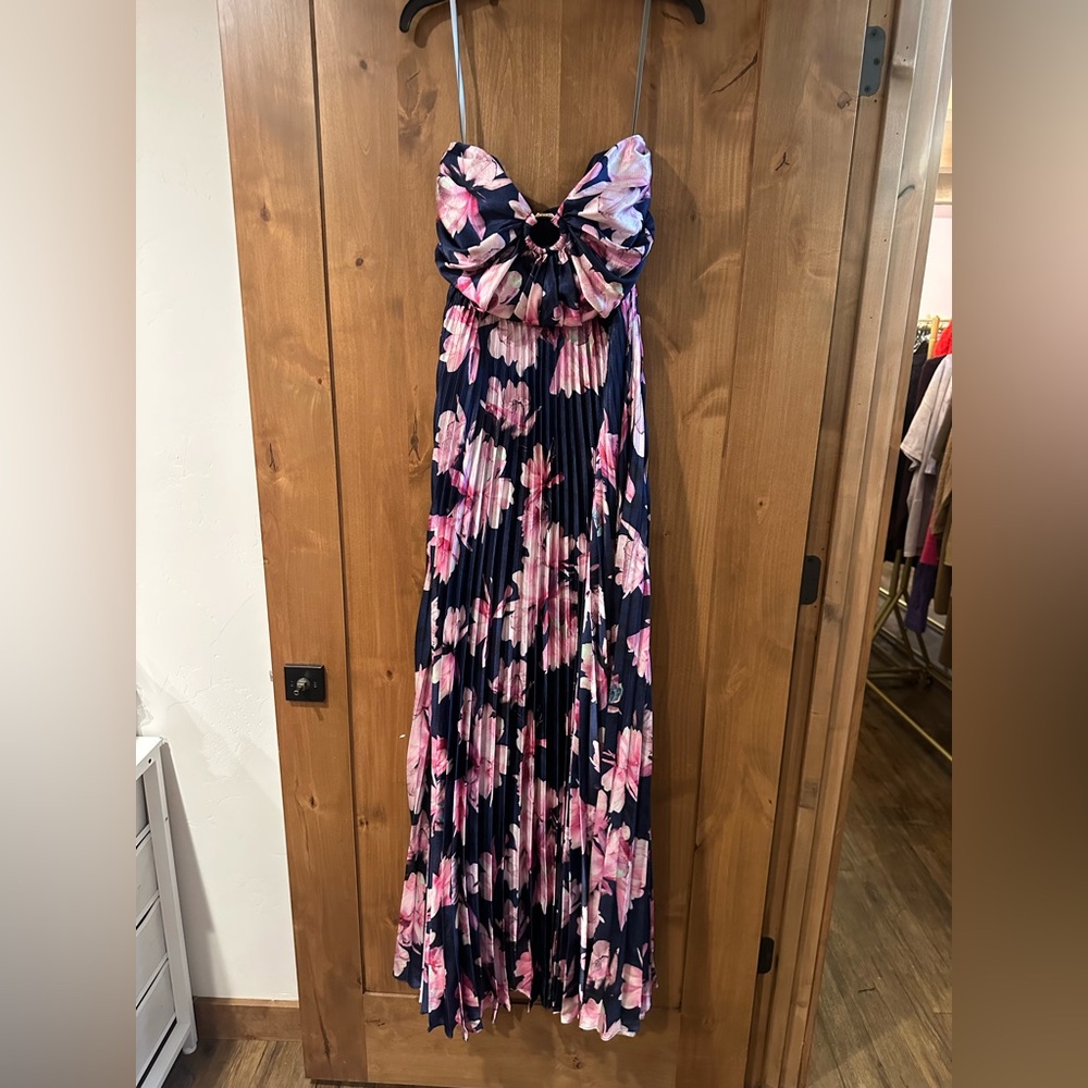 Monique Lhuillier Navy Floral Pleated Maxi Dress with Pink Blooms